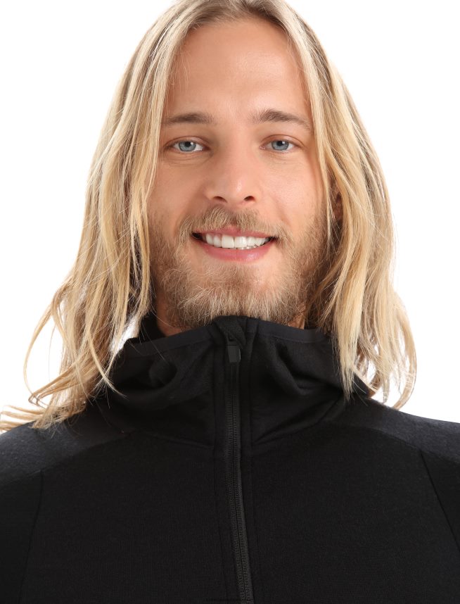 Icebreaker îmbrăcăminte negru bărbați hanorac cu mânecă lungă cu fermoar din merino zoneknit DL46T218