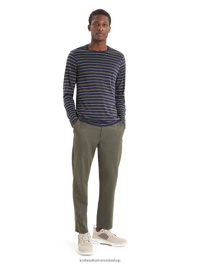 Icebreaker îmbrăcăminte midnight navy/loden bărbați tricou cu dungi cu mânecă lungă merino wave DL46T197
