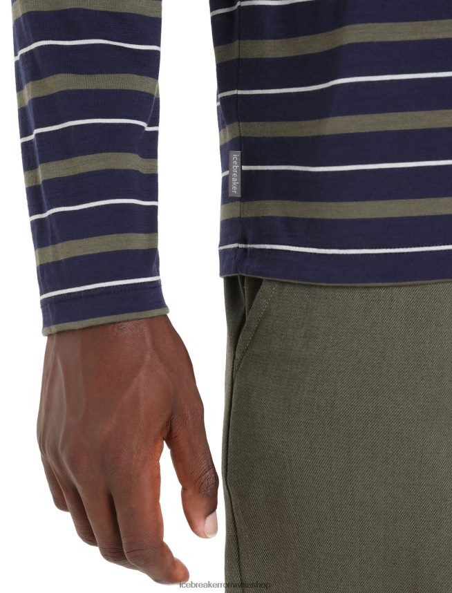 Icebreaker îmbrăcăminte midnight navy/loden bărbați tricou cu dungi cu mânecă lungă merino wave DL46T197