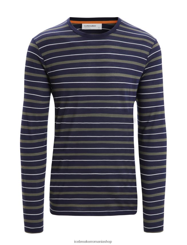 Icebreaker îmbrăcăminte midnight navy/loden bărbați tricou cu dungi cu mânecă lungă merino wave DL46T197