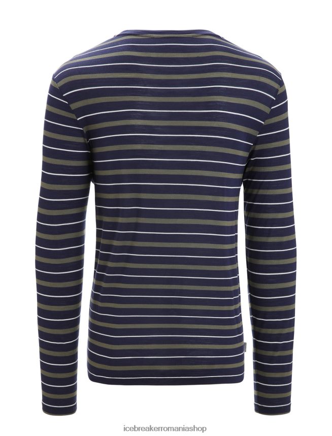 Icebreaker îmbrăcăminte midnight navy/loden bărbați tricou cu dungi cu mânecă lungă merino wave DL46T197